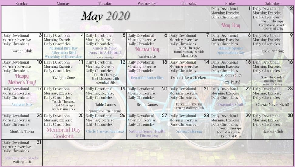 May Calendar of Assisted Living Activities